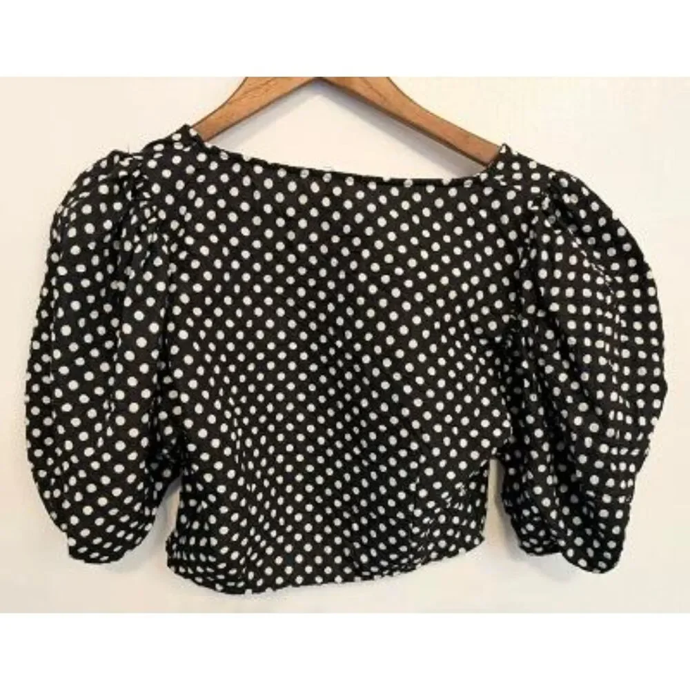 Free People Polka Dot Puff Sleeve Crop Top Blouse Black White Size 6